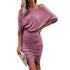 Solid color sexy sloping shoulder slim pleated hip dress